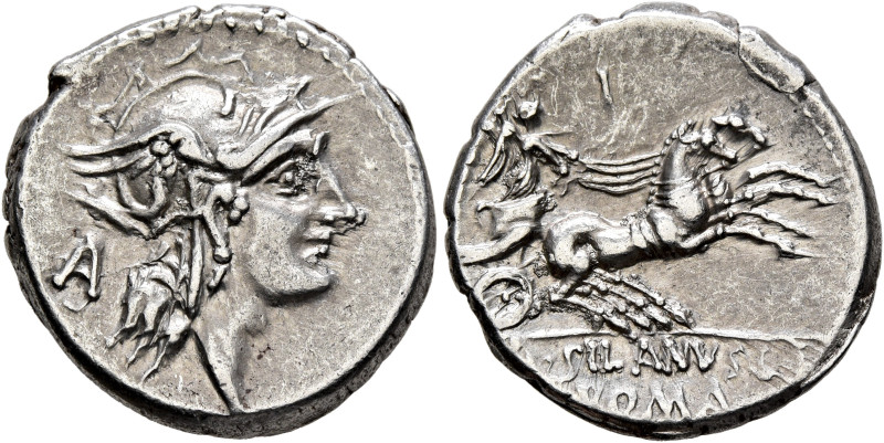 D. Silanus L.f, 91 BC. Denarius (Silver, 18 mm, 3.96 g, 3 h), Rome. Head of Roma...