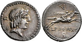 L. Calpurnius Piso Frugi, 90 BC. Denarius (Silver, 18 mm, 3.96 g, 7 h), Rome. Laureate head of Apollo to right; behind, V. Rev. L•PISO FRVGI Horseman ...