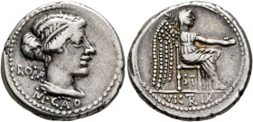 M. Cato, 89 BC. Denarius (Silver, 19 mm, 4.06 g, 7 h), Rome. RO MA / M•C AT O Diademed and draped bust of female to right. Rev. VIC TR IX Victory seat...