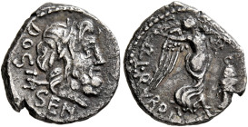L. Rubrius Dossenus, 87 BC. Quinarius (Silver, 14 mm, 1.64 g, 12 h), Rome. DOSSEN Laureate head of Neptune to right; behind, trident. Rev. L•RVBRI Vic...