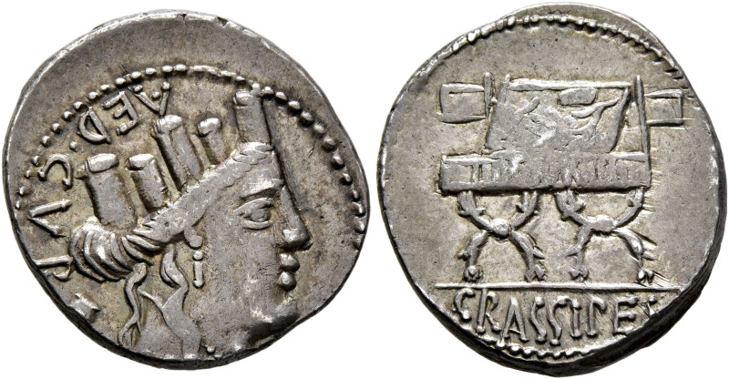 P. Furius Crassipes, 84 BC. Denarius (Silver, 20 mm, 3.95 g, 7 h), Rome. AED•CVR...