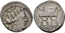 P. Furius Crassipes, 84 BC. Denarius (Silver, 20 mm, 3.95 g, 7 h), Rome. AED•CVR Turreted head of Cybele to right; behind, foot upwards. Rev. Curule c...