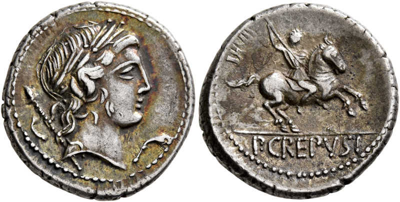 Pub. Crepusius, 82 BC. Denarius (Silver, 19 mm, 4.00 g, 10 h), Rome. Laureate he...