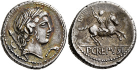 Pub. Crepusius, 82 BC. Denarius (Silver, 19 mm, 4.00 g, 10 h), Rome. Laureate head of Apollo to right; behind, scepter; before, sickle. Rev. P•CREPVSI...
