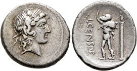 L. Censorinus, 82 BC. Denarius (Silver, 18 mm, 3.75 g, 9 h), Rome. Laureate head of Apollo to right. Rev. L•CENSOR Marsyas standing to left, raising h...
