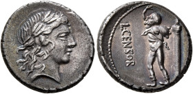 L. Censorinus, 82 BC. Denarius (Silver, 16 mm, 3.48 g, 3 h), Rome. Laureate head of Apollo to right. Rev. L•CENSOR Marsyas standing to left, raising h...