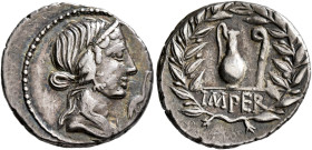 Q. Caecilius Metellus Pius, 81 BC. Denarius (Silver, 19 mm, 3.92 g, 6 h), Rome. Diademed head of Pietas to right; before, stork. Rev. IMPER Jug and li...