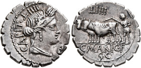C. Marius C.f. Capito, 81 BC. Denarius (Silver, 20 mm, 3.88 g, 12 h), Rome. CAPIT•CL Draped bust of Ceres to right, wearing wreath of grain ears; belo...