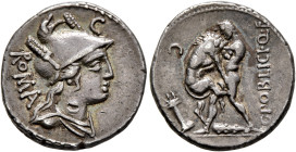 C. Poblicius Q.f, 80 BC. Denarius (Silver, 19 mm, 4.00 g, 6 h), Rome. ROMA Helmeted and draped bust of Roma to right; to upper right, C. Rev. C•POBLIC...