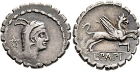 L. Papius, 79 BC. Denarius (Silver, 19 mm, 3.76 g, 9 h), Rome. Head of Juno Sospita to right, wearing goat-skin headdress; behind, pentagram. Rev. L•P...