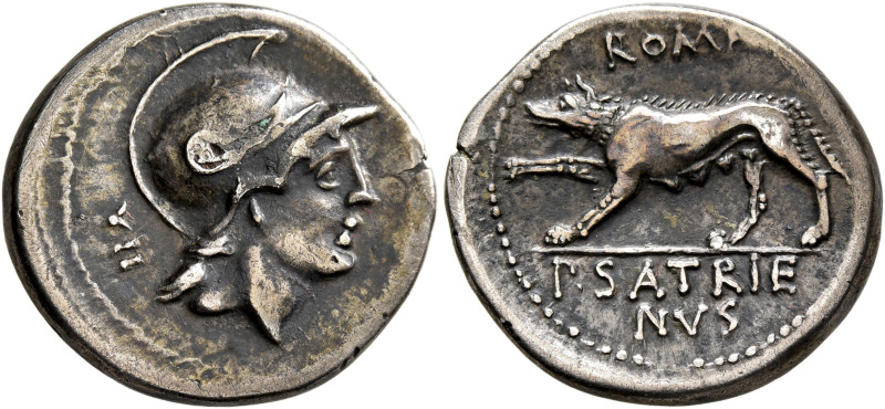 P. Satrienus, 77 BC. Denarius (Subaeratus, 20 mm, 3.33 g, 12 h), a contemporary ...