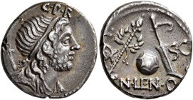 Cn. Cornelius Lentulus, 76-75 BC. Denarius (Silver, 19 mm, 3.89 g, 6 h), uncertain mint in Spain. G•P•R Diademed and draped bust of the Genius Populi ...