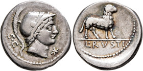 L. Rustius, 74 BC. Denarius (Silver, 19 mm, 3.88 g, 7 h), Rome. S•C Helmeted head of Minerva to right; before, star (mark of value). Rev. L•RVSTI Ram ...