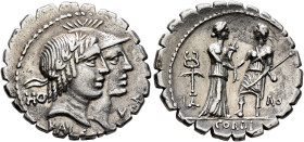 Q. Fufius Calenus and Mucius Cordus, 68 BC. Denarius (Silver, 21 mm, 3.82 g, 5 h), Rome. HO - VI RT / KALE[NI] Jugate heads of Honos, laureate, and Vi...
