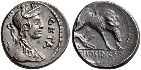 C. Hosidius C.f. Geta, 64 BC. Denarius (Silver, 18 mm, 4.00 g, 6 h), Rome. GETA - [III•VIR] Diademed and draped bust of Diana to right, with bow and q...