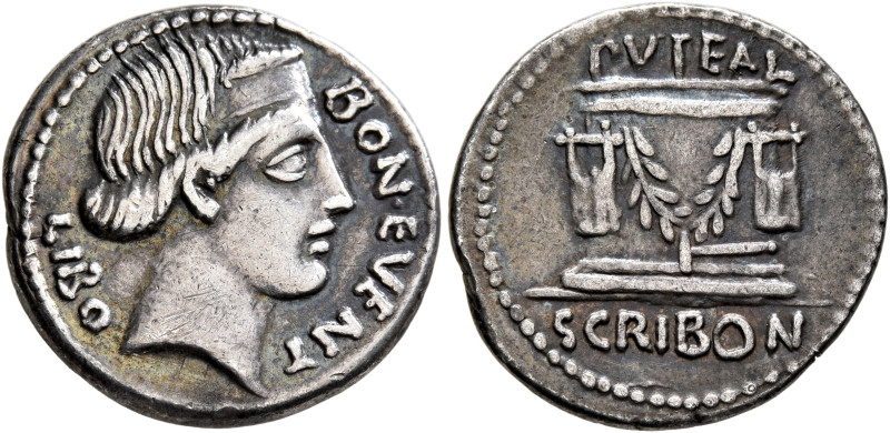 L. Scribonius Libo, 62 BC. Denarius (Silver, 20 mm, 3.79 g, 7 h), Rome. BON•EVEN...