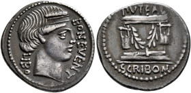 L. Scribonius Libo, 62 BC. Denarius (Silver, 20 mm, 3.80 g, 6 h), Rome. BON EVENT / LIBO Diademed head of Bonus Eventus to right. Rev. PVTEAL / SCRIBO...