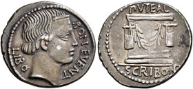 L. Scribonius Libo, 62 BC. Denarius (Silver, 20 mm, 3.92 g, 7 h), Rome. BON•EVENT / LIBO Diademed head of Bonus Eventus to right. Rev. PVTEAL / SCRIBO...
