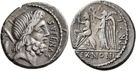 M. Nonius Sufenas, 59 BC. Denarius (Silver, 18 mm, 3.84 g, 4 h), Rome. SVFENAS [S•C] Head of Saturn to right; behind, harpa and conical stone. Rev. PR...