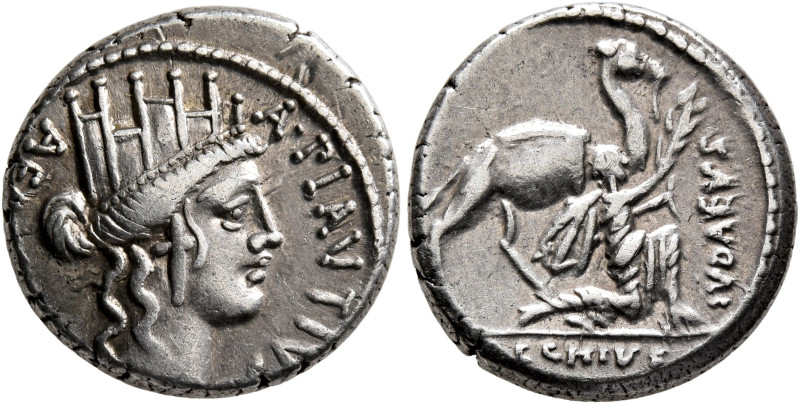 A. Plautius, 55 BC. Denarius (Silver, 15 mm, 4.18 g, 5 h), Rome. A•PLAVTIV[S] / ...