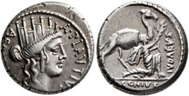 A. Plautius, 55 BC. Denarius (Silver, 15 mm, 4.18 g, 5 h), Rome. A•PLAVTIV[S] / AE[D•CVR•S•C] Head of Cybele to right, wearing turreted crown and pend...