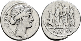 M. Junius Brutus, 54 BC. Denarius (Silver, 19 mm, 3.81 g, 6 h), Rome. LIBERTAS Head of Libertas to right, wearing pendant earring and necklace. Rev. B...