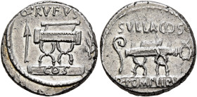 Q. Pompeius Rufus, 54 BC. Denarius (Silver, 17 mm, 3.85 g, 5 h), Rome. Q•[POMPEI•Q•F] / RVFVS Curule chair between arrow and laurel branch; below, COS...