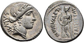 Man. Acilius Glabrio, 49 BC. Denarius (Silver, 19 mm, 4.00 g, 9 h), Rome. SALVTIS Head of Salus to right, wearing laurel wreath, pendant earring and p...