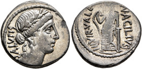 Man. Acilius Glabrio, 49 BC. Denarius (Silver, 18 mm, 3.87 g, 6 h), Rome. SALVTIS Head of Salus to right, wearing laurel wreath, pendant earring and p...