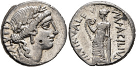Man. Acilius Glabrio, 49 BC. Denarius (Silver, 17 mm, 3.60 g, 8 h), Rome. SALVTIS Head of Salus to right, wearing laurel wreath, pendant earring and p...