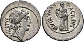 Man. Acilius Glabrio, 49 BC. Denarius (Silver, 20 mm, 3.65 g, 9 h), Rome. SALVTIS Head of Salus to right, wearing laurel wreath, pendant earring and p...