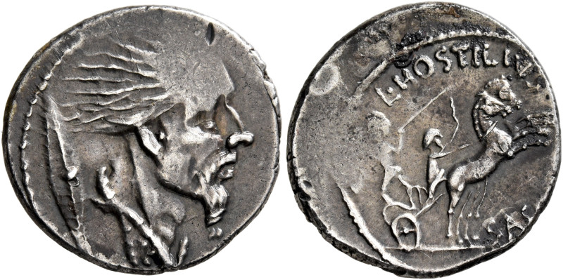 L. Hostilius Saserna, 48 BC. Denarius (Silver, 19 mm, 3.86 g, 2 h), Rome. Draped...