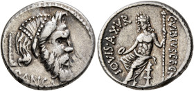 C. Vibius C.f. C.n. Pansa Caetronianus, 48 BC. Denarius (Silver, 18 mm, 4.11 g, 1 h), Rome. PANSA Mask of bearded Pan to right; behind, pedum. Rev. C•...