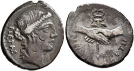 Albinus Bruti f, 48 BC. Denarius (Silver, 18 mm, 3.46 g, 2 h), Rome. PIETAS Head of Pietas to right. Rev. ALBINVS BRVTI•F Two clasped right hands hold...