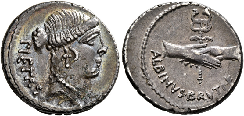 Albinus Bruti f, 48 BC. Denarius (Silver, 20 mm, 4.00 g, 11 h), Rome. PIETAS Hea...