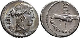 Albinus Bruti f, 48 BC. Denarius (Silver, 20 mm, 4.00 g, 11 h), Rome. PIETAS Head of Pietas to right. Rev. ALBINVS•BRVTI•F Two clasped right hands hol...