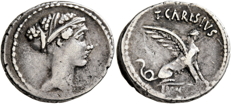 T. Carisius, 46 BC. Denarius (Silver, 19 mm, 3.65 g, 12 h), Rome. Head of the Si...