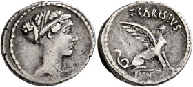 T. Carisius, 46 BC. Denarius (Silver, 19 mm, 3.65 g, 12 h), Rome. Head of the Sibyl Herophile to right, hair elaborately decorated with jewels and enc...