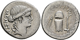 T. Carisius, 46 BC. Denarius (Silver, 19 mm, 3.30 g, 2 h), Rome. MONETA Draped bust of Juno Moneta to right, wearing pendant earring and necklace. Rev...
