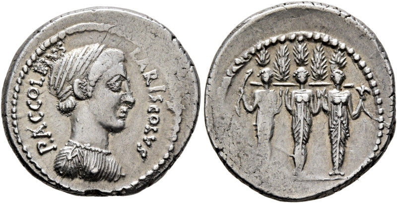 P. Accoleius Lariscolus, 43 BC. Denarius (Silver, 20 mm, 4.23 g, 3 h), Rome. P•A...