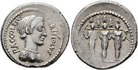 P. Accoleius Lariscolus, 43 BC. Denarius (Silver, 20 mm, 4.23 g, 3 h), Rome. P•ACCOLEIVS LARISCOLVS Draped bust of Diana Nemorensis to right. Rev. Tri...
