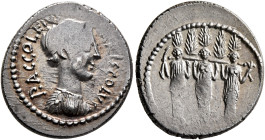 P. Accoleius Lariscolus, 43 BC. Denarius (Silver, 18.6 mm, 3.83 g, 5 h), Rome. P•ACCOLEIVS [L]ARISCOLVS Draped bust of Diana Nemorensis to right. Rev....