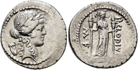 P. Clodius M.f. Turrinus, 42 BC. Denarius (Silver, 20 mm, 4.00 g, 3 h), Rome. Laureate head of Apollo to right; behind, lyre. Rev. P•CLODIVS / M•F• Di...