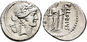 P. Clodius M.f. Turrinus, 42 BC. Denarius (Silver, 18 mm, 4.07 g, 2 h), Rome. Laureate head of Apollo to right; behind, lyre. Rev. P•CLODIVS / [M]•F• ...