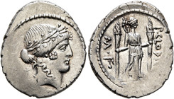 P. Clodius M.f. Turrinus, 42 BC. Denarius (Silver, 21 mm, 3.63 g, 12 h), Rome. Laureate head of Apollo to right; behind, lyre. Rev. P•CLODI[VS] / M•F•...