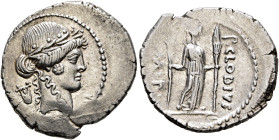 P. Clodius M.f. Turrinus, 42 BC. Denarius (Silver, 20 mm, 4.12 g, 7 h), Rome. Laureate head of Apollo to right; behind, lyre. Rev. P•CLODIVS / M•F• Di...
