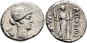 P. Clodius M.f. Turrinus, 42 BC. Denarius (Silver, 17 mm, 4.23 g, 11 h), Rome. Laureate head of Apollo to right; behind, lyre. Rev. P•CLODIVS / M•F• D...