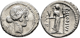 P. Clodius M.f. Turrinus, 42 BC. Denarius (Silver, 19 mm, 4.00 g, 7 h), Rome. Laureate head of Apollo to right; behind, lyre. Rev. P•CLODIVS / M•F• Di...