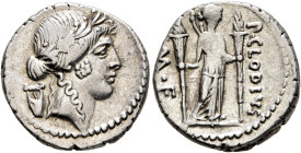 P. Clodius M.f. Turrinus, 42 BC. Denarius (Silver, 17 mm, 4.00 g, 1 h), Rome. Laureate head of Apollo to right; behind, lyre. Rev. P•CLODIVS / M•F• Di...