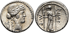 P. Clodius M.f. Turrinus, 42 BC. Denarius (Silver, 18 mm, 3.85 g, 1 h), Rome. Laureate head of Apollo to right; behind, lyre. Rev. P•CLODIVS / M•F• Di...